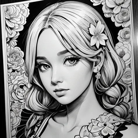 Black and white stick figure 1 girl with flowers,  lots of flowers in background, loli in dress with flowers, its fine ink line art, comic style, portrait of ploynesian girl, Marilyn Munroe, Hollywood glam, beautiful line art, black and white comic style, ...