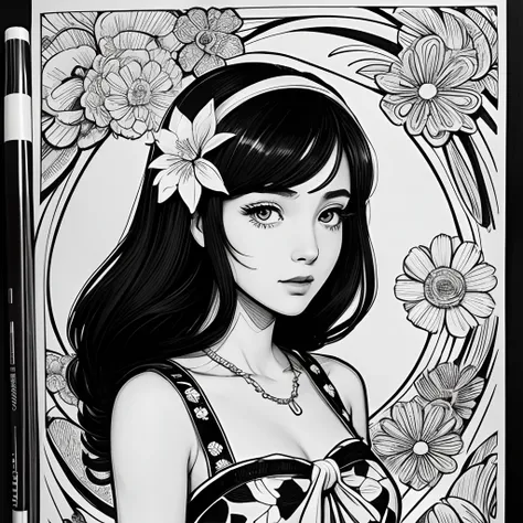 Black and white stick figure 1 girl with flowers,  lots of flowers in background, loli in dress with flowers, its fine ink line art, comic style, portrait of ploynesian girl, Marilyn Munroe, Hollywood glam, beautiful line art, black and white comic style, ...