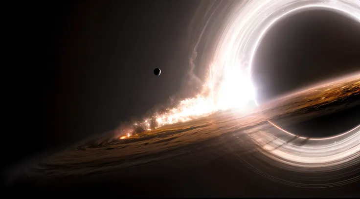 Imagem de um buraco negro com um objeto negro no meio, buraco negro interestelar, black hole with disс accretion, accretion disk, Interstellar space configuration, viajando para um buraco negro, saindo de um buraco negro, interstellar vortex through time, ...