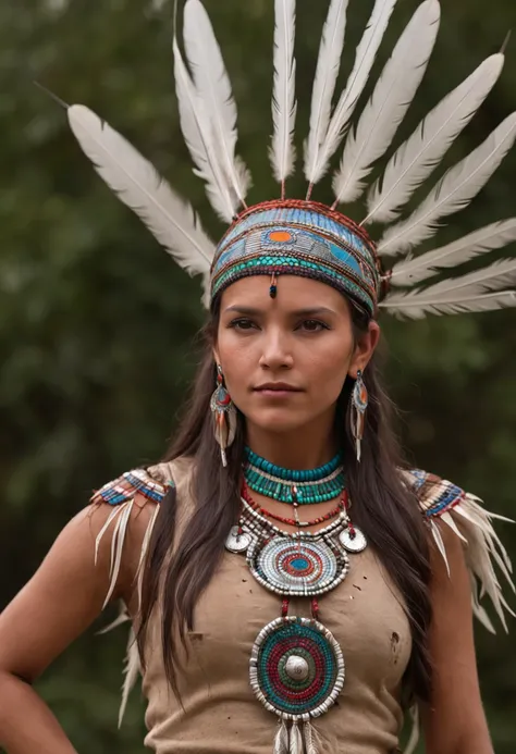 Woman in a feather headdress with feathers on her head,(((rosto pintado))), Retrato da princesa asteca, usando coroa de penas brilhantes, menina com penas, beautiful young female shaman,rosto pintado,Strobe, she is dressed in shaman clothes,sombra, cocar e...