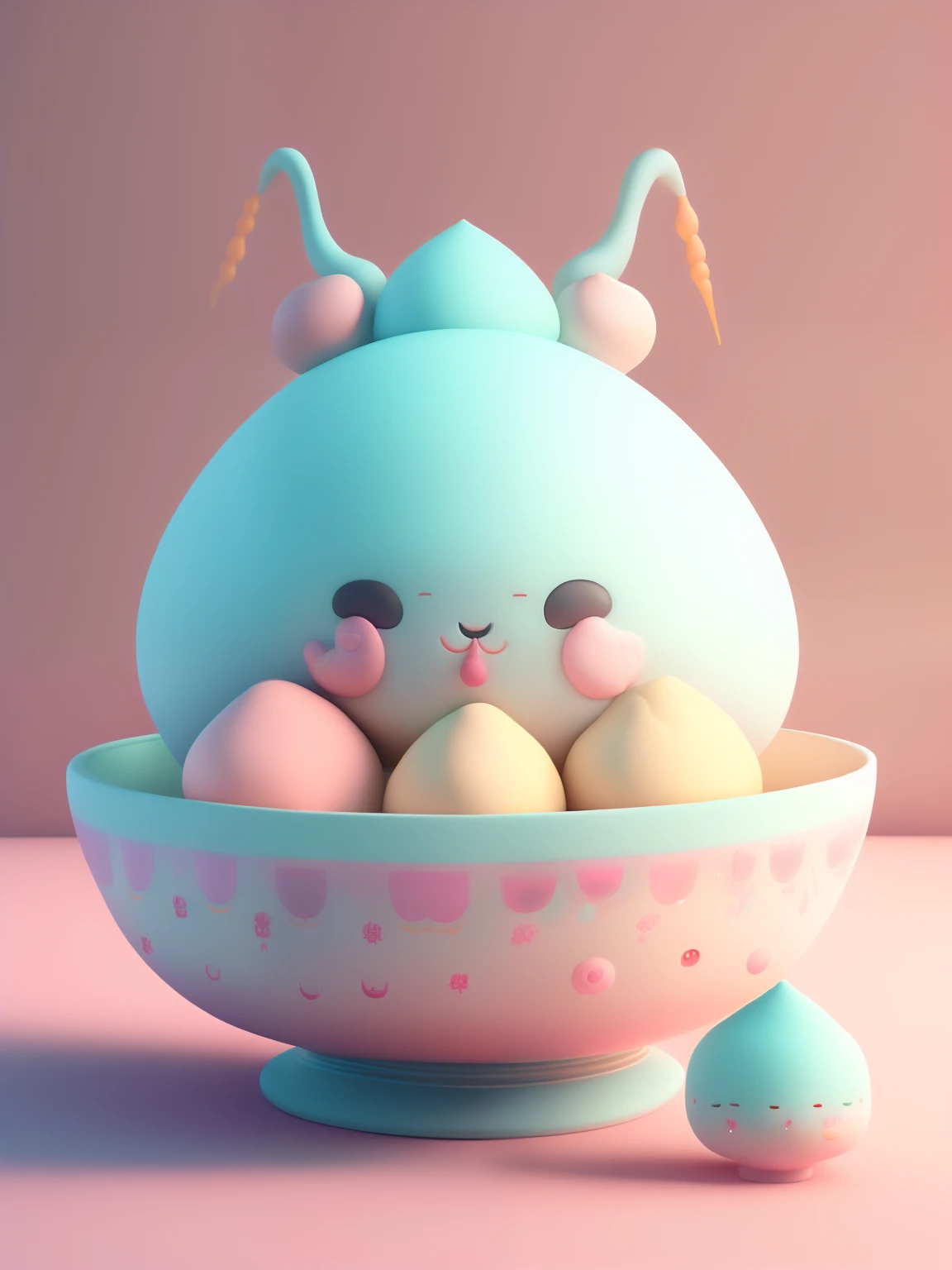 Chibi style,Dozens of tangyuan with rabbit ears,Very cute face,Very real,Chinese folk art style tangyuan,Chinese kitchen background,Steaming hot,It looks delicious.,Ultra high definition image quality,