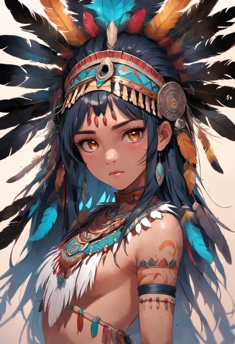 Woman in a feather headdress with feathers on her head,(((rosto pintado))), Retrato da princesa asteca, usando coroa de penas brilhantes, menina com penas, beautiful young female shaman,rosto pintado,Strobe, she is dressed in shaman clothes,sombra, cocar e...