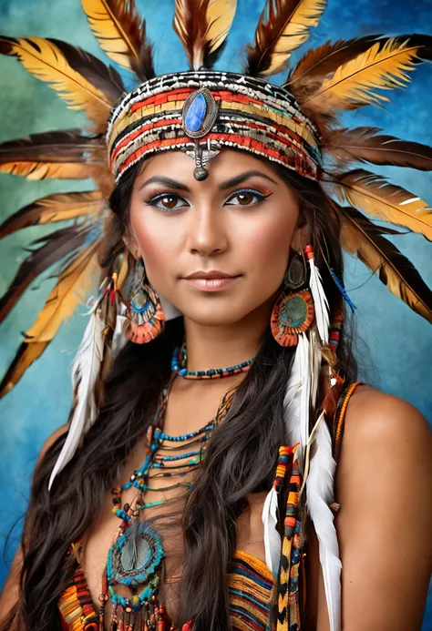 Woman in a feather headdress with feathers on her head,(((rosto pintado))), Retrato da princesa asteca, usando coroa de penas brilhantes, menina com penas, beautiful young female shaman,rosto pintado,Strobe, she is dressed in shaman clothes,sombra, cocar e...