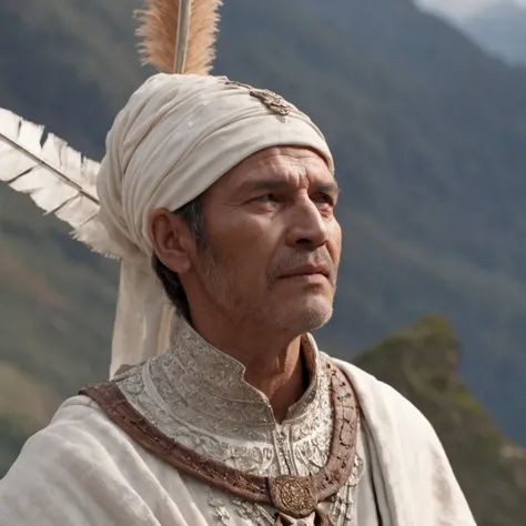 indigenous warrior of the Inca empire, in white clothing, walking with a staff over the Andes mountain range, he has a scepter in his hand, detailed, looking at camera, natural light, 8k, hyperrealistic, (Professional 3D rendering:1.3) de (Realistic:1.3) F...