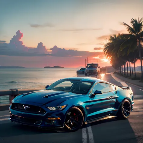 Ford Mustang azul escuro,imagem realista, paisagem Miami,before sunset, estilo vaporwave , simetrico, linhas suaves, arte do adesivo do vetor, vector kernel, detalhes intrincados, Backgrounid branco ,cores vintage,