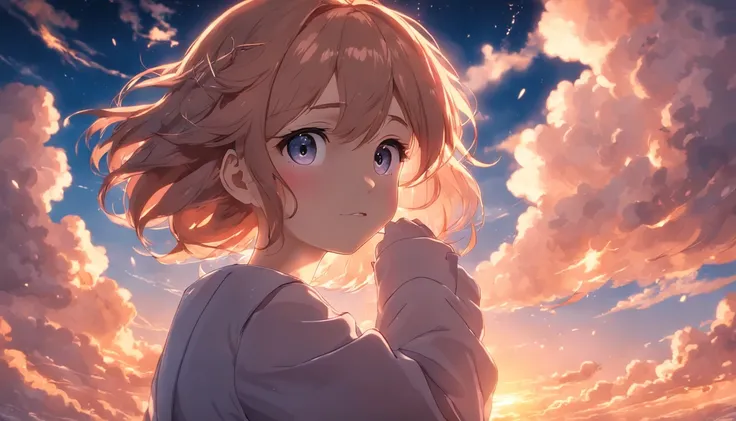 masterpiece, best quality, movie still, 1girl, cloud girl, floating in the sky, close-up, bright, happy, warm soft lighting, sunset, (sparks:0.7)