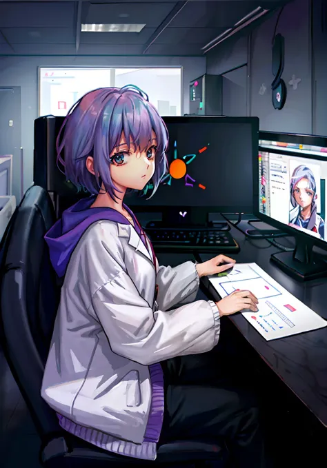 anime girl sitting at desk，hold a computer and keyboard, style of anime4 k, digital anime illustration, anime moe art style, hig...