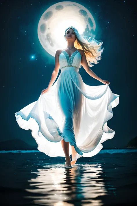 Beautiful woman as a goddess in white dress standing in sea water with flowing dress, realista, barefoot, Rosto iluminado, mystique, Como uma deusa, olhos iluminados, pale skinned, deusa, pegue a chave, de colar de diamante, Pearls in water, a noite, starl...