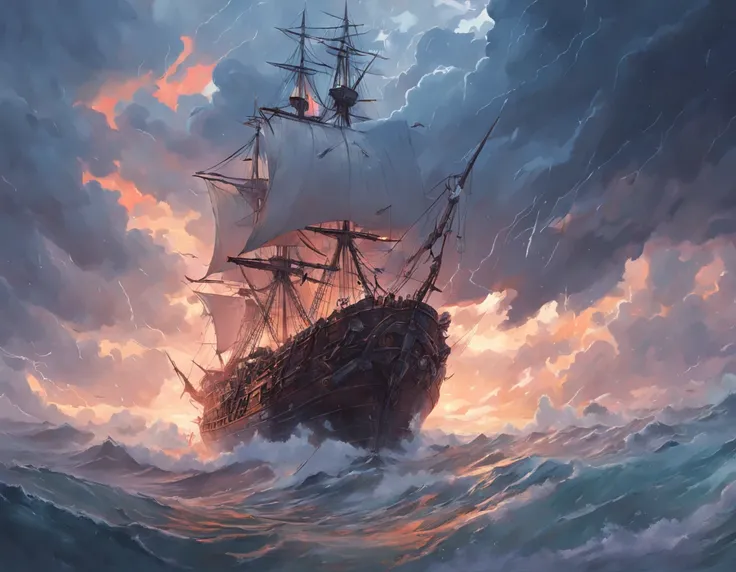 Um navio pirata em uma tempestade tempestuosa com nuvens escuras, Grandes ondas inundaram a estrada, Detailed oil painting, A chama queima, Unreal rendering 5, RHADS, Sargent e Ryan Decker, Savlasov Levitan Polenov, Por Bruce Pennington, por Ghibli studio,...