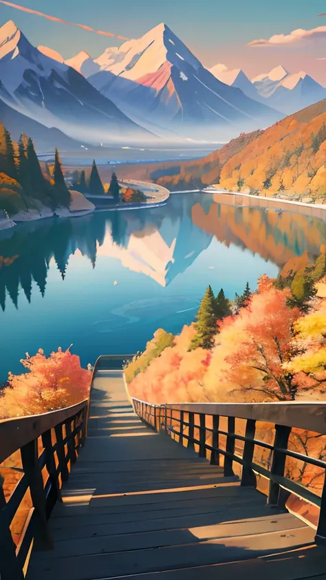 There is a painting of a bridge leading to an alpine lake, Beautiful image, detailed scenic view,beautiful anime scenes, beautiful anime scenery, hyperrealistic fall, landscape artwork, rich picturesque colors, anime beautiful peace scene, Scenic Colorful ...