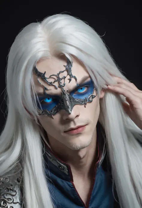 boy, Cyberpunk, wearing mask, long white hair with red highlights, blue eyes, 16 years old