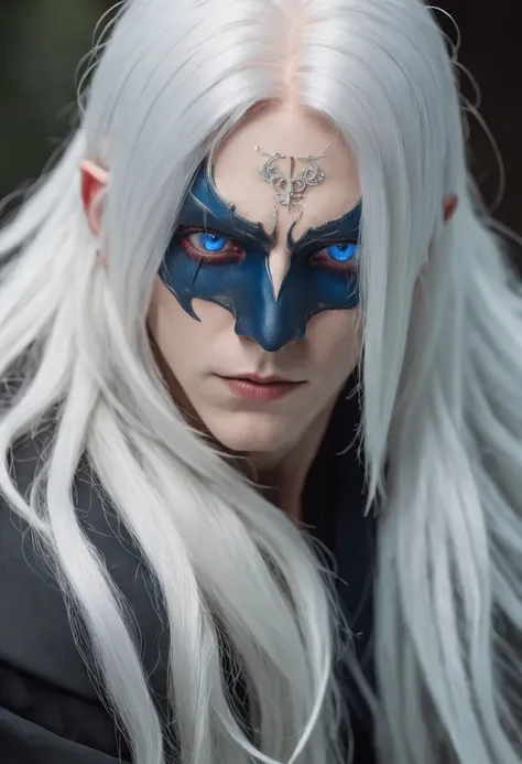 boy, Cyberpunk, wearing mask, long white hair with red highlights, blue eyes, 16 years old