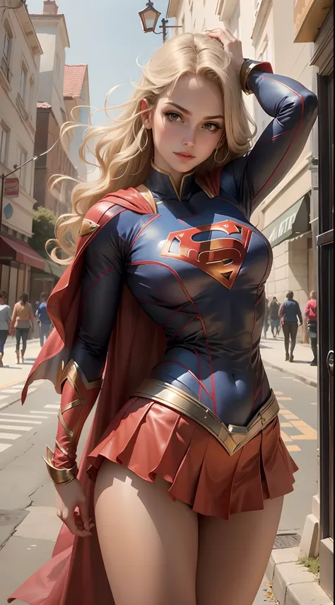 Beautiful woman heroine pose, costume Supergirl clothes glued together, body set hair in the wind