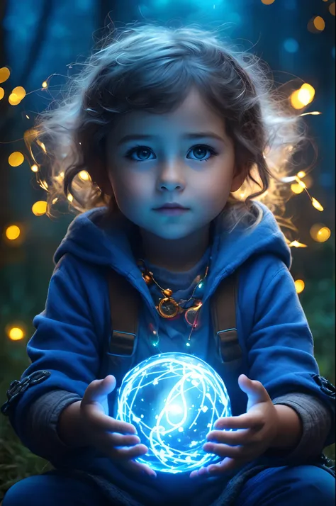 Arafed child holding a glowing ball in front of a forest, little girl with magical powers, painting digital adorable, portrait of magical young girl, luzes brilhantes! pintura digital, Arte digital realista 4K, Arte digital realista 4K, Directed by: Adam M...