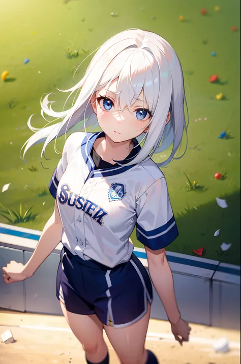 A girl,full bodyesbian，White hair,Blue eyes standing,,Shy,From above,((Motion blur)),Medium hair,Play baseball