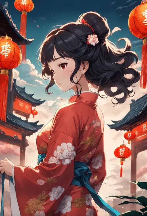 Poster style of old Shanghai，A woman in a cheongsam，Perm hair with big waves，Cup of tea in hand