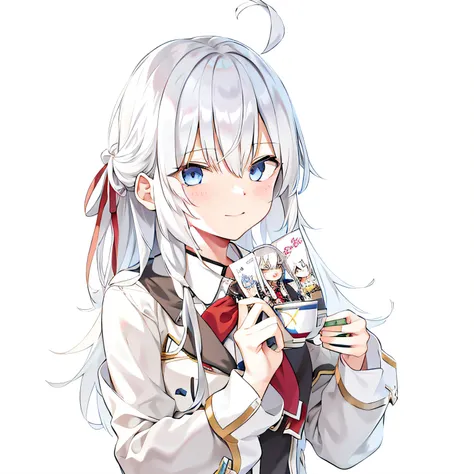 anime girl with white hair holding a book and a mug, with index finger, kantai collection style, white-haired god, from girls fr...