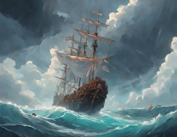 Um navio pirata em uma tempestade tempestuosa com nuvens escuras, Grandes ondas inundaram a estrada, Detailed oil painting, A chama queima, Unrealistic rendering 5, RHADS, Sargent e Ryan Decker, Savlasov Levitan Polenov, por Bruce Pennington, por Ghibli st...