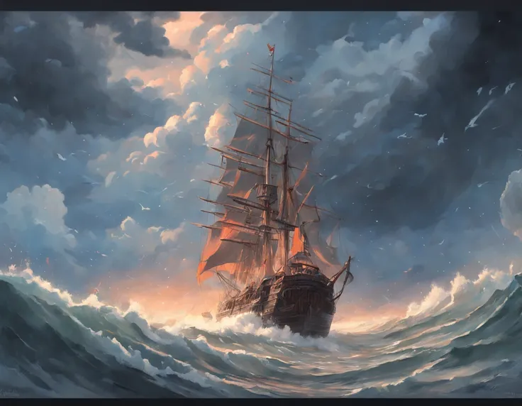 Um navio pirata em uma tempestade tempestuosa com nuvens escuras, Grandes ondas inundaram a estrada, Detailed oil painting, A chama queima, Unrealistic rendering 5, RHADS, Sargent e Ryan Decker, Savlasov Levitan Polenov, por Bruce Pennington, por Ghibli st...