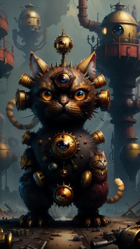 Complex，Extremely rich in detail，Huge hourglass，Golden robot cat，Very many red pipes，Shabby look，Detailed picture，looking down on the camera，rampage，Eye discharge，8K，Highly accurate，The cat heads up，Parts exposed。