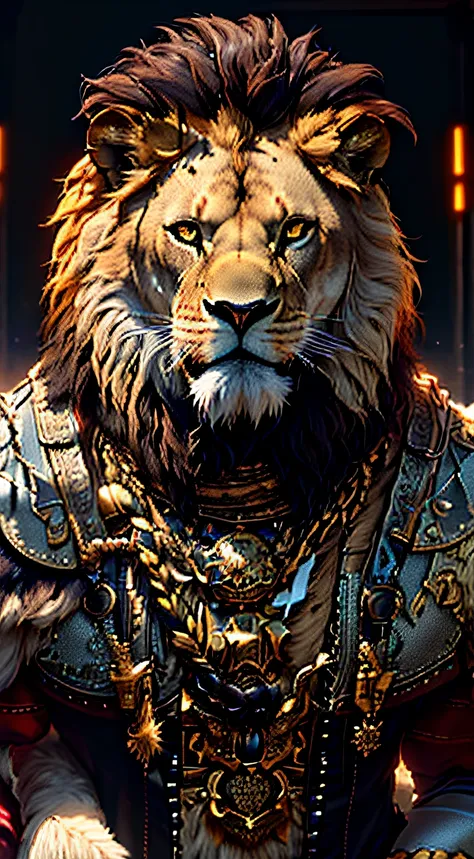 Araffe dressed in a costume with a lions head and a chain around his neck, ps5 cinematic screen capture, lion warrior, estilo fantasia 8 k octane render, 4K fantasia detalhe, renderizado no Unreal Engine 5, Aslan the Lion, 8k texturizado altamente detalhad...