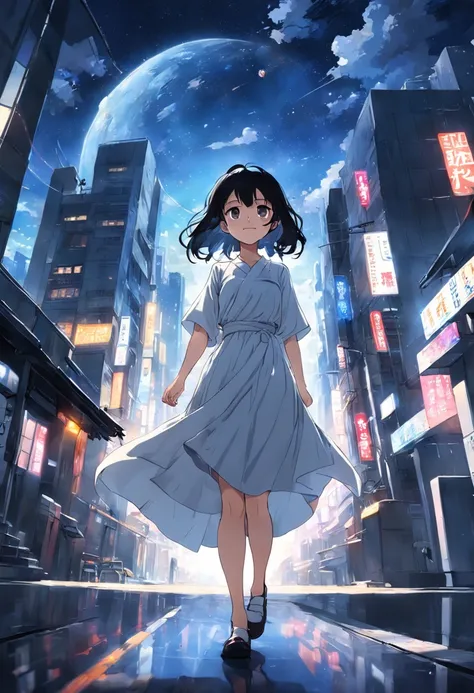 Urban background、Woman smiling at me turning around、、A dark-haired、White Shirt Dress、Casket、starrysky、2 days and months、dreamlike landscape、From a distance、Building Street、Near future、the wind、　TOKYOcty、high-heels