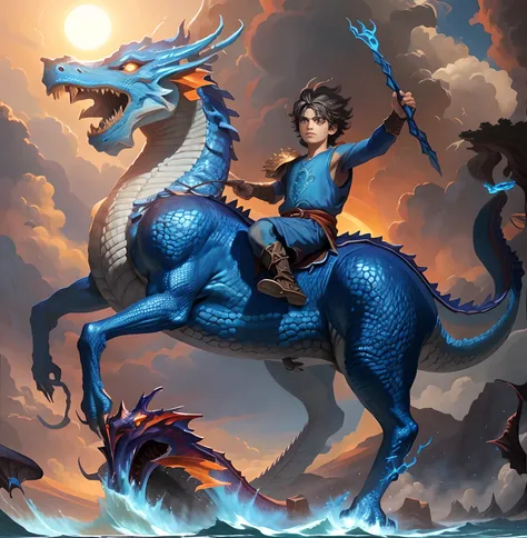 Close-up of a boy riding a blue dragon on the waves....,evening,Orange Sun,Dragon Rider, epic fantasy digital art style, Dragon Ride, epic fantasy art style, digital painting greek mythology, Epic Fantasy Illustration, Rob Ray, Joe Biden rides a dragon, Di...