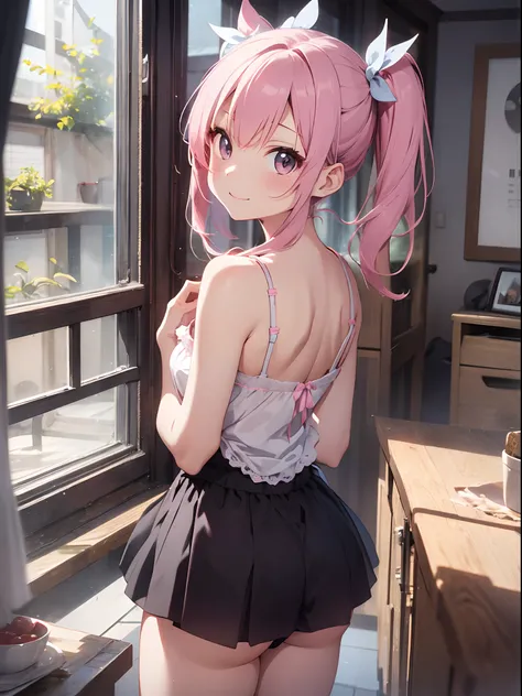 top-quality、masutepiece、in 8K、Pastel tones、girl with、A pink-haired、(Low Long Twin Tail)、Very long hair、(full body Esbian:1.2)、posterior view、is standing、Camisole and panties、ssmile、livingroom