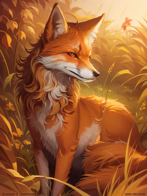 A Red Fox, only two legs visible only one nose two identical perfect eyes symmetrical, only two ears, sitting in the high golden end of summer grass, in the style of Joni Johnson Godsyn Hepler