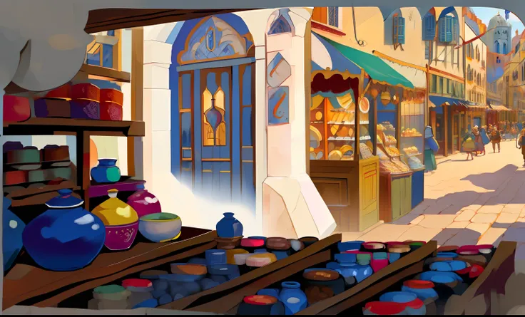 RPG illustration，Q version，cartoony，Medieval bazaar，See the street from a first-person perspective，In the foreground is a stall full of porcelain，The middle view is a bustling and lively European medieval street，European Middle Ages，Roman streets