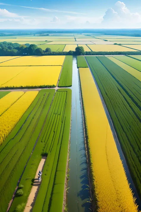 Endless rice fields，The rice is ripe，Yellow golden，Lots of scarecrows in the rice fields，There is a small river in the middle of the rice fields，There are a lot of wildflowers on both sides of the river，There are people rowing in the river，There were sever...