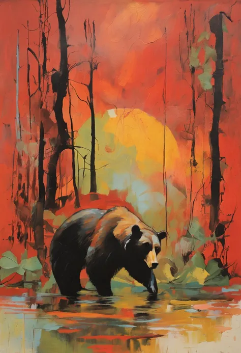 a picture of a black bear from a cg game, in the style of mid-century illustration, symbolic figurative landscapes, light red and silver, vintage poster design, organic art nouveau, saturated pigment pools, woodcut