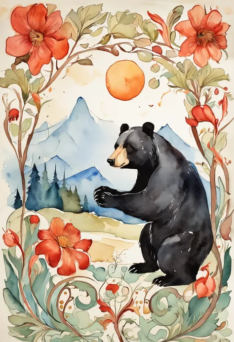 a picture of a black bear from a cg game, in the style of mid-century illustration, symbolic figurative landscapes, light red and silver, vintage poster design, organic art nouveau, saturated pigment pools, woodcut