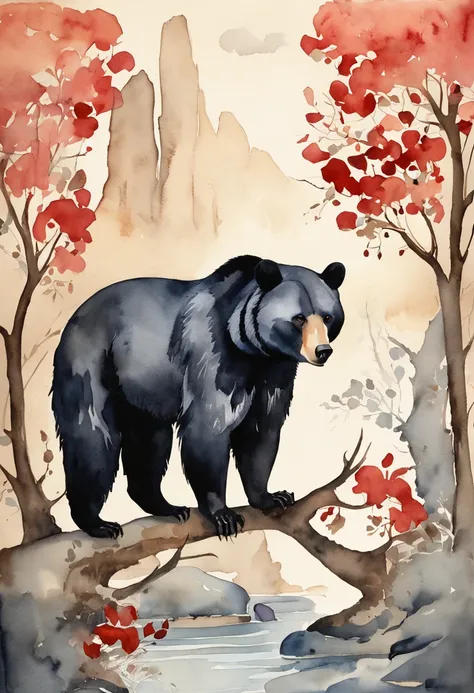 a picture of a black bear from a cg game, in the style of mid-century illustration, symbolic figurative landscapes, light red and silver, vintage poster design, organic art nouveau, saturated pigment pools, woodcut