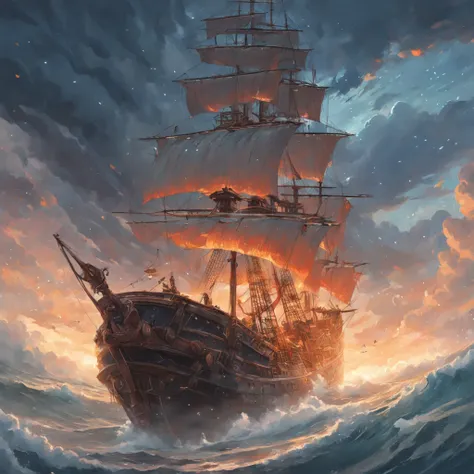 Um navio pirata em uma tempestade tempestuosa com nuvens escuras, Grandes ondas inundaram a estrada, Detailed oil painting, A chama queima, Unreal rendering 5, RHADS, Sargent e Ryan Decker, Savlasov Levitan Polenov, Por Bruce Pennington, por Ghibli studio,...