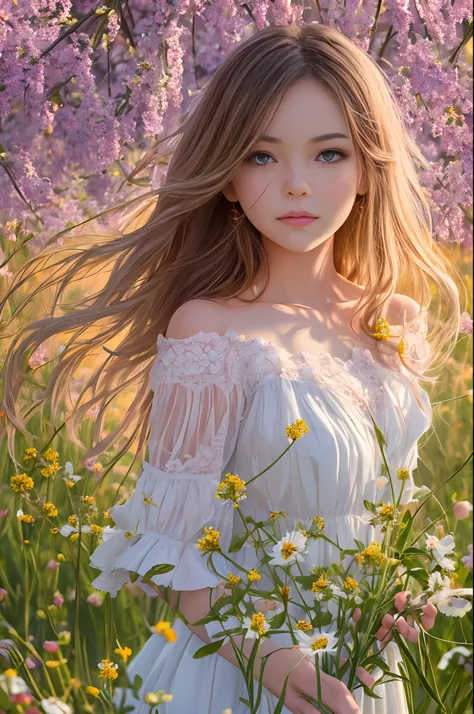 A pure girl, dressed in a flowing white dress, standing amidst a field of blooming wildflowers, surrounded by a gentle breeze, captured in a photorealistic style, shot with a Sony Alpha a7R III and a portrait lens, illuminated by soft, golden-hour sunlight...