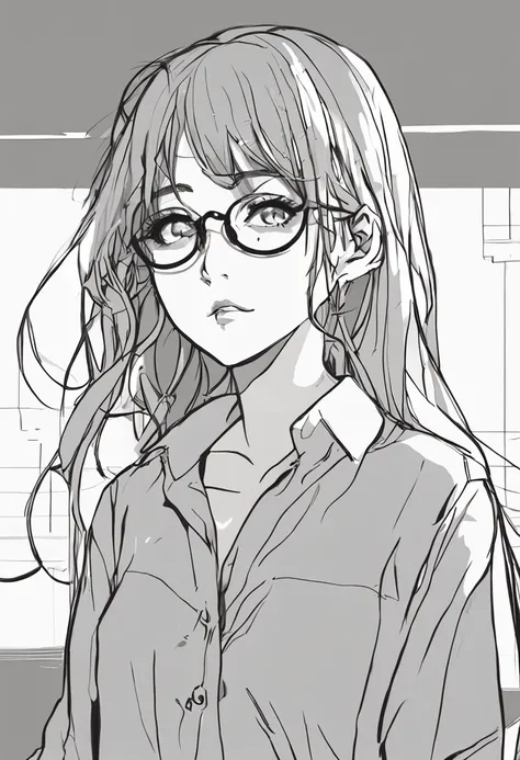 Drawing of a girl with glasses and a white shirt, line sketch!!, clean anime silhouette, wearing glasses, anime sketch, anime style, semi-realistic anime style, glasses, line sketch, girl with glasses, flat anime style shadow, realistic young anime girl, a...