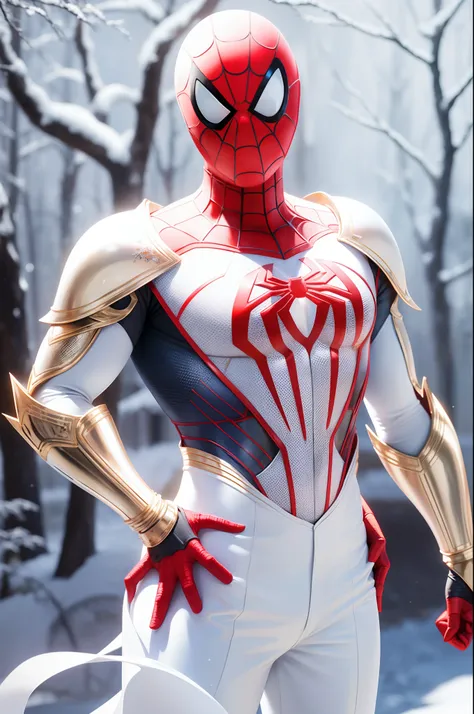 Spider-Man is all over white, Gold and red armor set, On a white snow forest, Snow falls on the armor, Sin shines on the armor suit, Ultra photo realsisim, Photorealistic, 8K, an award winning photograph