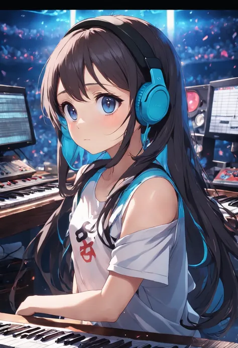 Working on music in room、eye glasses、tshirts、rcasual、Small eyes、Face Up、icons、A dark-haired、Suppin、Medium hair、Bun hair、headphones、