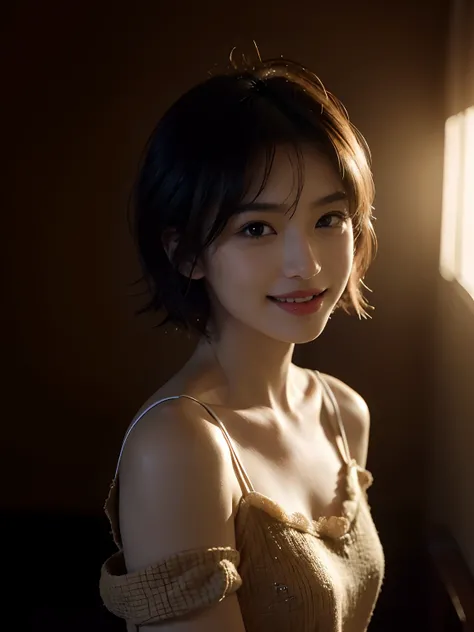 best qualtiy，tmasterpiece，超高分辨率，（真实感：1.4），RAW photogr，1girll，cropped shoulders，in the darkness nigth，deep shading，warm lights，Intense light and shadow effects，Sweet and lovely smile，The face is clear，High skin texture，Fluffy ultra-short hair