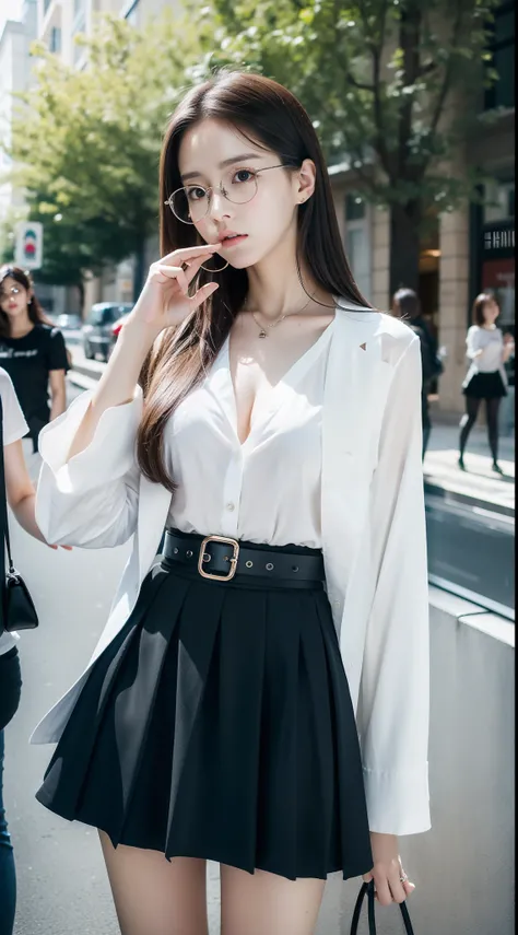 top Quority，Ultra-clear resolution，Clear  eyes，plain face，s the perfect face，White skin，Perfect chest，with perfect legs，Different styles of skirts，Hold glasses，photographed，Random environment