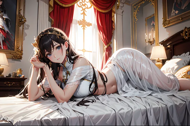 there is a woman laying on a bed in a room, guweiz on pixiv artstation, artwork in the style of guweiz, guweiz on artstation pixiv, ((a beautiful fantasy empress)), seductive anime girl, beautiful alluring anime woman, palace ， a girl in hanfu, guweiz, guw...