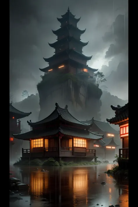 Arafed view of a village，a lot of lights on the buildings，dreamy Chinese towns，Chinese Village，amazing wallpapers，small town，villages，surreal photo of a small town，old asian village，城市，Raymond Han，rainy evening, Cyberpunk ancient Chinese castle, Well-lit b...