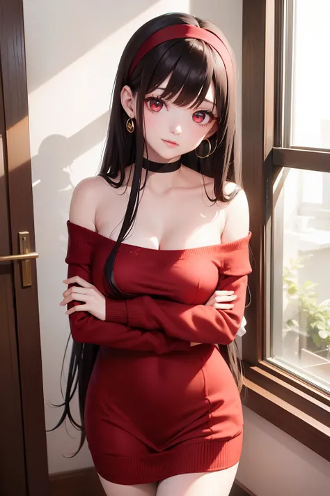 masutepiece、Yol Brier　A dark-haired、long、side locks　　sharp eye、big eye、Beautiful skin、beautiful countenance、Red Eyes　　off shoulders、Red knitted dress、Off-shoulder knitwear　　White headband、shairband、earrings、Gold Earrings　　Black pantyhose　　Tall lady、独奏　　Adu...