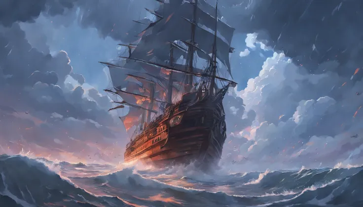 Um navio pirata em uma tempestade tempestuosa com nuvens escuras, Grandes ondas inundaram a estrada, Detailed oil painting, A chama queima, Unreal rendering 5, RHADS, Sargent e Ryan Decker, Savlasov Levitan Polenov, Por Bruce Pennington, por Ghibli studio,...