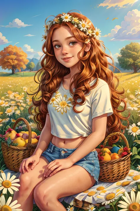 (girl:1.2),solo, (ginger curly long hair:1.1), brown eyes, wreath of daisies on her head, sitting in a field of daisies, smile, ...