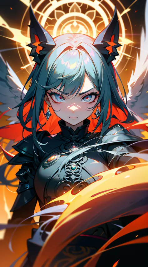 Masterpiece anime robot beautiful diamond skin puppet cat girl magic，aesthetic_eyes，Detailed eyes，devil horns，masks，wings，with light glowing，Random two-tailed fantasy hair，O cabelo multicolorido，Body detailed，Random very angry face，详细的脸，Saenyo Ancalagon an...