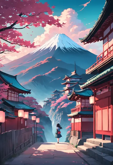 a poster with japanese buildings and a mountain in the background, in the style of light teal and dark pink, traditional animation, travel, layered images, traditional, vintage imagery, cherry blossoms