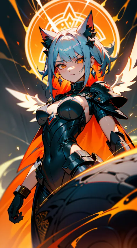 Masterpiece anime robot beautiful diamond skin puppet cat girl magic，aesthetic_eyes，Detailed eyes，devil horns，masks，wings，with light glowing，Random two-tailed fantasy hair，O cabelo multicolorido，Body detailed，Random very angry face，详细的脸，Saenyo Ancalagon an...