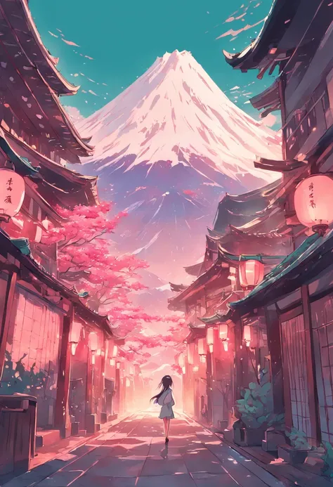 a poster with japanese buildings and a mountain in the background, in the style of light teal and dark pink, traditional animation, travel, layered images, traditional, vintage imagery, cherry blossoms